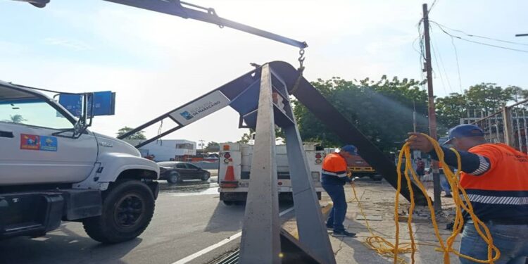 ¡Conductor derribó semáforo en La Limpia! IMTCUMA repara para restablecer el tránsito