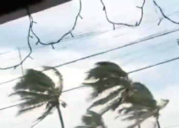Fuerte viento y granizo combinados azotan un estacionamiento en una escena que parece sacada de películas de terror