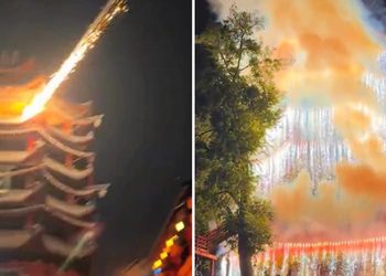 Parece magia pero es real: torre china deslumbra con cascada de fuegos artificiales (VIDEO)