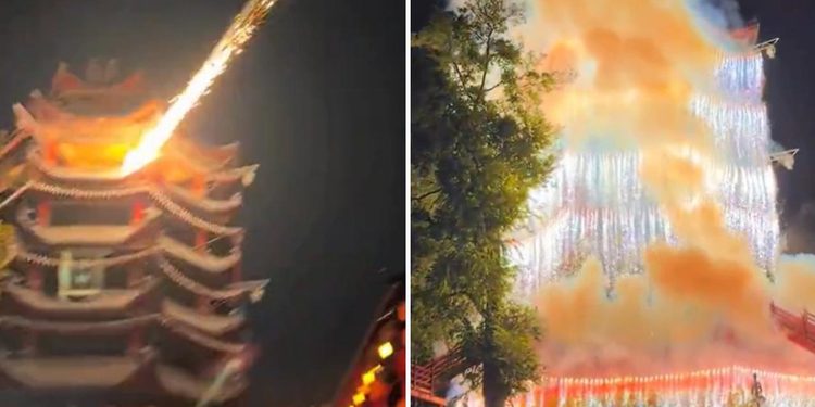 Parece magia pero es real: torre china deslumbra con cascada de fuegos artificiales (VIDEO)